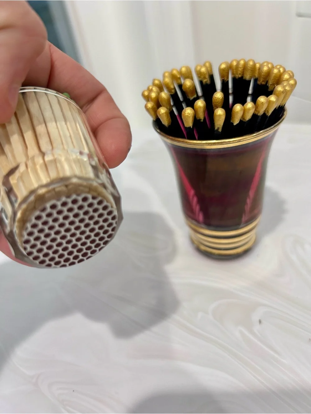 Repurpose restyle Vintage striker Glass wooden Match Holders stocking stuffers!